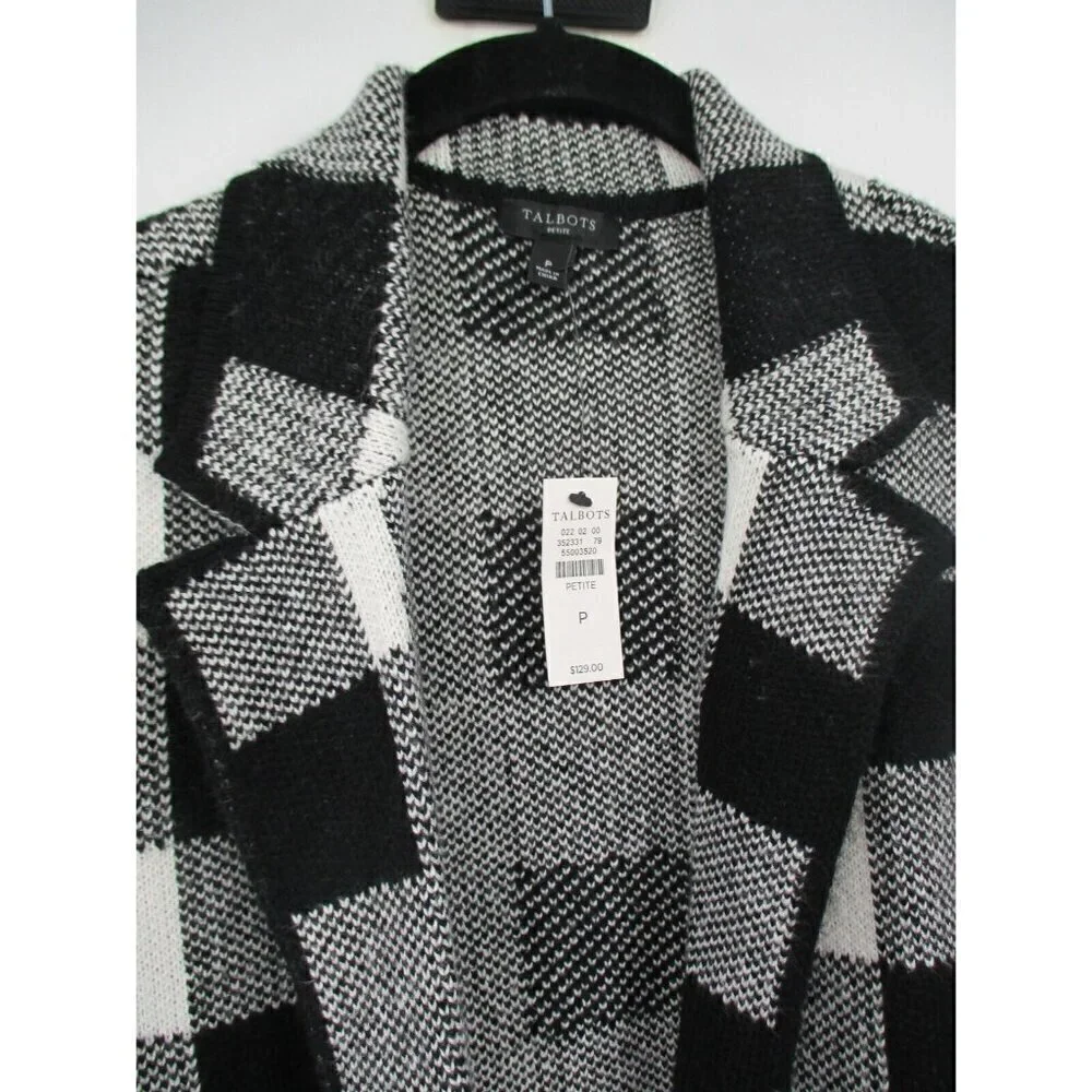 Talbots Womens Blazer P Petites Black White Plaid Business Casual Cotton Preppy